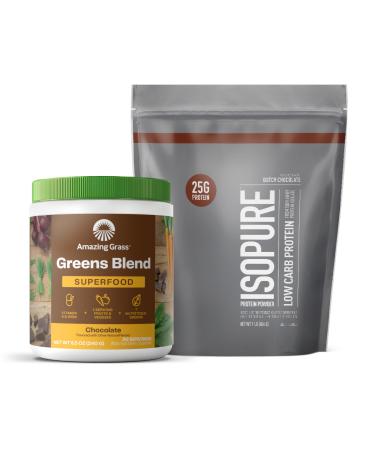 Build Your Smoothie Isopure Chocolate Bundle Dutch Chocolate Low Carb Protein Powder (14 Servings) and Amazing Grass Greens Chocolate Blend Superfood (30 Servings) Protein Powder + Chocolate Blend Superfood