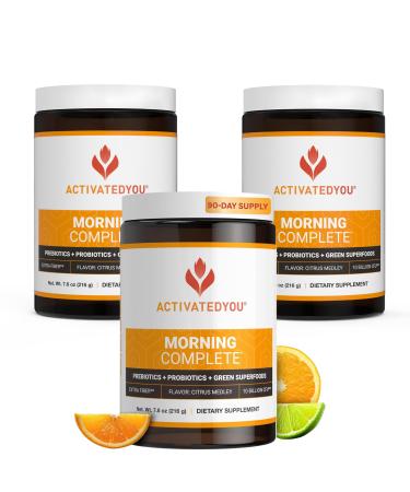 ACTIVATEDYOU Morning Complete Daily Wellness Greens Superfood Drink Mix for Gut Health w/Prebiotics Probiotics Antioxidants Green Superfoods 10 Billion CFUs (3 Pack Citrus Medley) Citrus 8 Ounce (Pack of 3)