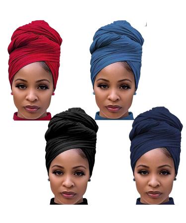 Youme Stretch Jersey Head Wrap Stretchy Knit Turban Headwraps Long Hair Scarf Urban African Head Wrap Head Band Ultra Breathable Soft Turban Tie for Women (Black Navy Blue Red Blue), Large Black+navy Blue+blue+red