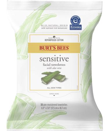 Burt's Bees Facial Cleansing Towelette Wipes for Sensitive Skin with Cotton Extract 30 Count (Package May Vary)