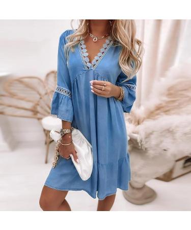 Women's Boho Floral Printed Lace Dress Loose V Neck 3/4 Sleeve Mini Beach Spring Summer Dresses for Women 02 X-Large - Buy Online on GoSupps.com