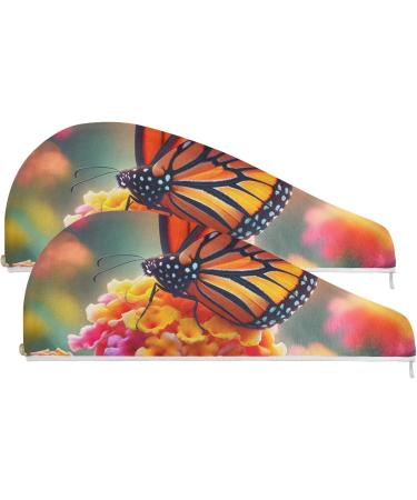 Butterfly on Lantana Flower Hair Towel 2 Pack - Super Absorbent Quick Dry Hair Turbans for Women & Girls - Buy Online on GoSupps.com