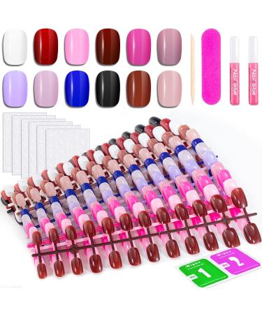 12 Solid Color Glossy Short Square False Press On Nails Pack 1 288PCS Acrylic Squoval Nail Tip Kit with Stickers Tabs Prep Pads Nail File and Cuticle Stick 05-12SJZJP Pack 5