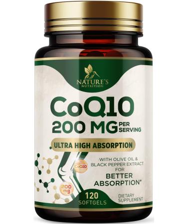 CoQ10 200mg Softgels - Extra Strength Coenzyme Q10 Supplement With Black Pepper Extract for Enhanced Absorption CoQ10 Antioxidant Supplements for Heart Health & Cellular Energy Support - 120 Softgels 120 Count (Pack of 1)