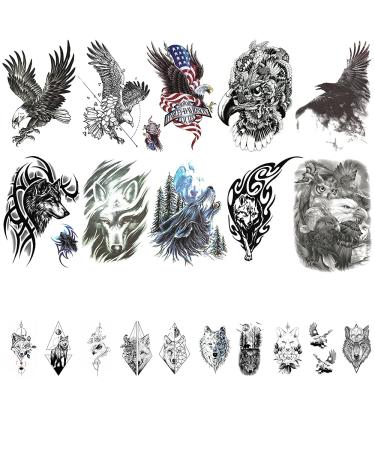 20 Sheets Large Eagle Wolf Temporary Tattoos for Men Women  Realistic Eagle Wolf Temporary Tattoo Stickers for Adults 3D Fake Wolves Owl Animals Tatoos eagel& wolf