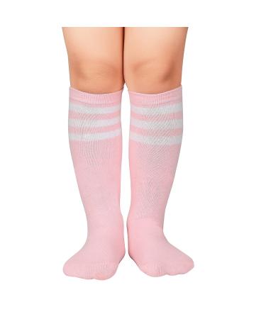 Kids Socks Knee High Uniform Sports Soccer Socks Stripes Tube Socks for Child Boys Girls One Size 1 Pack Pink & White