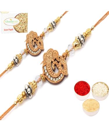 Ghasitaram Gifts Rakhi for Brother Rakhis Online - Set of 2 Om Ganeshay Diamond Ehnic Divine Rakhi with 200 GMS of Soan Papdi Set of 2 Rakhis with 200 gms of Soan Papdi