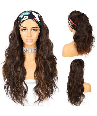 SAPPHIREWIGS Headband Wig Loose Body Wavy Glueless Synthetic Hair Wigs for Black Women Wave None Lace Front Wigs Mix Brown Color Headband Wigs 150% Density 26inches