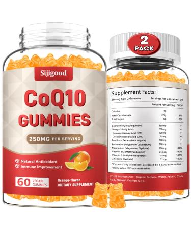 2 Pack CoQ10 Gummies 250mg Plus Omega-3 Vitamin B3 and Zinc Magnesium High Absorption Coenzyme Q10 Supplements for Boost Cellular Energy Potent Antioxidant 120 Orange Flavored Gummies 60 Count (Pack of 2)