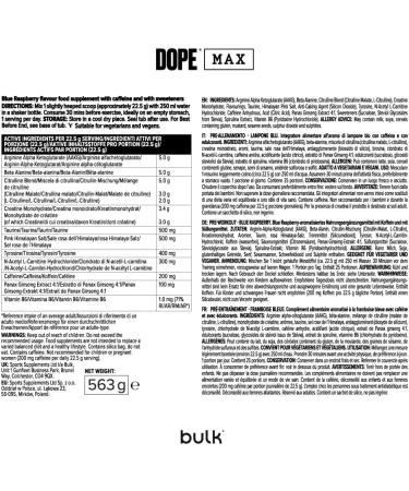 Bulk Dope Max Poudre Pr -Entra nement | 563 g | 25 portions | Haute Teneur en Caf ine 200mg | 5g B ta-Alanine | 3g Cr atine | M lange AAKG & Citrulline | Vitamine B6 | Blue Raspberry Framboise bleue - Buy Online on GoSupps.com