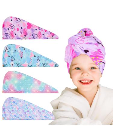RETON 4 Pack Microfiber Hair Drying Towel Hair Towel Wrap for Kids Girls Women Super Absorbent Hair Turbans for Wet Hair Fast Drying Hair Wrap with Buttons for Curly Long Thick Hair