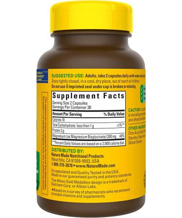 Nature Made Magnesium Glycinate 200mg Dietary Supplement - Muscle, Heart, Nerve, Bone Support - 60 Capsules - 30 Day Supply - Buy Online on GoSupps.com