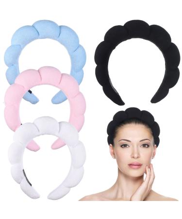 Spa Headbands for Women 4 Pack Sponge Makeup Hairband Terry Towel Cloth Fabric Head Band Skincare Headbands for Skincare Face Washing Makeup Removal Shower Hair Accessories(Pink Blue White Black)