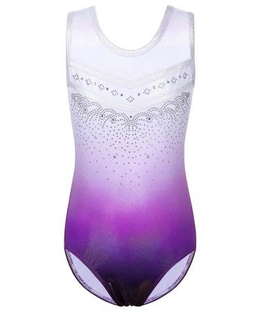 BAOHULU Leotards for Girls Gymnastics Gradient Shiny Diamond Dance Outfit One Piece 9-10 Years White Purple