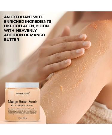 Majestic Pure Mango Butter Body Scrub - Exfoliating Salt Scrub with Biotin, Collagen & Stem Cell - 10 oz Natural Skin Care for Smooth, Moisturized Skin - Buy Online on GoSupps.com