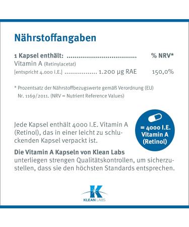Klean Labs Vitamin A 4000 I.E. - 100 Vegan Capsules | Non-GMO Gluten-Free No Additives | Supports Healthy Eyesight & Mucous Membranes - Buy Online on GoSupps.com