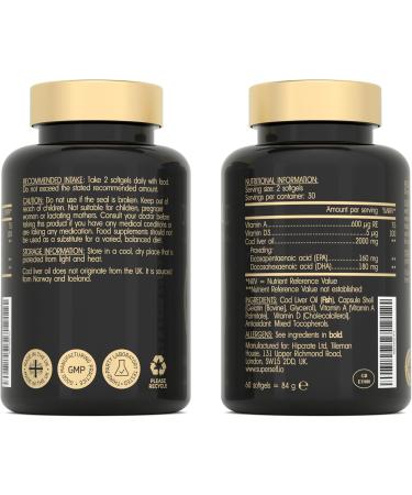 Cod Liver Oil Capsules High Strength 2000mg - Rich in EPA DHA Omega 3 & Vitamins D and A - 60 Softgel Tablets - 1000mg Arctic Cod Liver Oil per Capsule - Odourless & Burp-Free Fish Oil - UK Made - Buy Online on GoSupps.com