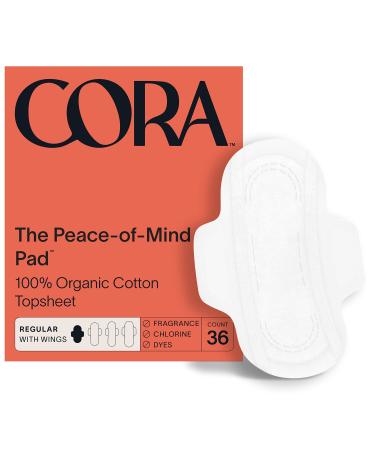 Cora Organic Pads | Ultra Thin Period Pads with Wings | Regular Absorbency | Ultra-Absorbent Sanitary Pads for Women | 100% Organic Cotton Topsheet (36 Count)