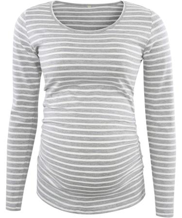 Love2Mi Round Neck Maternity Top | Long Sleeve XL Gray White Stripe Shirt - Buy Online on GoSupps.com