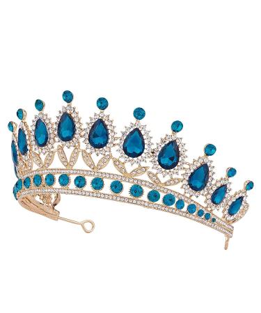 Vofler Gold Tiara with Teal Blue Crystal - Royal Queen Rhinestone Headpiece for Women and Girls | Perfect for Weddings, Prom, Pageants, and Parties - Buy Online on GoSupps.com