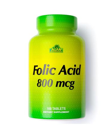ALFA VITAMINS Folic Acid 800 mcg Prenatal Supplement Supports Cardiovascular Health Body & Brain Functions Red Blood Cell Formation & Healthy Fetal Development Dietary Supplement 100 Tablets