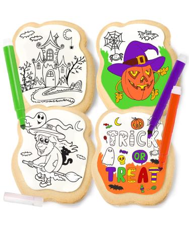 Halloween Cookies Decorating Kit Coloring Gift For Kids Food | 4 Jumbo Cookies + 3 Edible Markers | Individually Wrapped | Activities Pumpkin Witch Ghost Holiday Fall