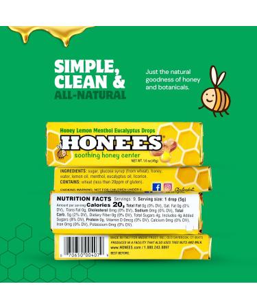 Honees Filled Honey Lemon Cough Drops- Filled with Honey, Menthol, Lemon and Eucalyptus - Nothing Artificial -Natural Sore Throat Lozenges- Non-GMO (24 Pack 216 Drops) - Buy Online on GoSupps.com