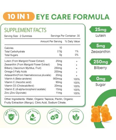 2 Pack Lutein Gummies 25mg, Sugar Free Lutein Zeaxanthin Supplements Gummies, Eye Health Supplement for Adults, Eye Vitamins Lutein for Vision and Blue Light Protection, Mango Flavor, 120 Count 60 Count (Pack of 2) - Buy Online on GoSupps.com