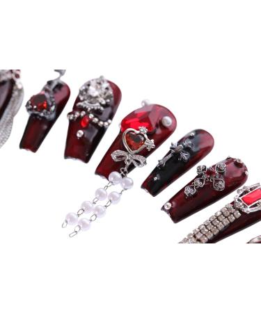 PN-026 Press-On Nails Hand Nails Polished 10 Pieces Reusable Premium Artificial Nails Diva Queen Cross Heart Crystal Stones Chain Metallic Red - Buy Online on GoSupps.com