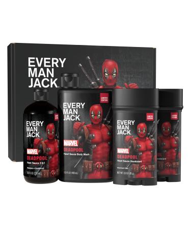 Every Man Jack Deadpool Body Set - Perfect for Every Guy & Marvel-Lover - Bath and Body Marvel Gift Set with Clean Ingredients & Incredible Scents - Includes Body Wash Shampoo & Deodorant 2-Pack Hawt Sauce