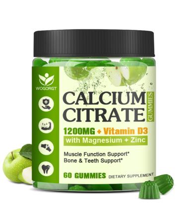Calcium Citrate 1200mg with Vitamin D3 Supplement for Women and Men - Chewable Calcium Magnesium Zinc D3 K2 Gummies Supplement for Bone, Teeth, Immune Support, Apple Flavor - 60 Gummies Apple 60 Count (Pack of 1)