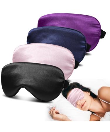 Silk Sleep Mask Eye Masks for Sleep JroyJoy 4 Pack Super Soft Sleep Mask for Women Men 100% Blackout Zero Eye Pressure Blindfold with Adjustable Strap Travel Eye Covers (Black&Pink&Blue&Purple) 001 Black&pink&blue&purple