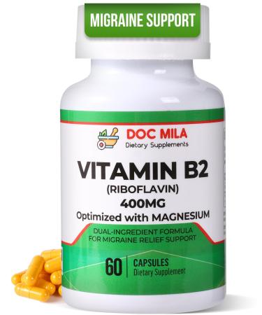 Vitamin B2 Riboflavin 400mg Capsules Migraine Relief Supplement for Kids & Adults Headache Support Vegan Vitamin Tablets 60 Pills (200mg per Capsule)