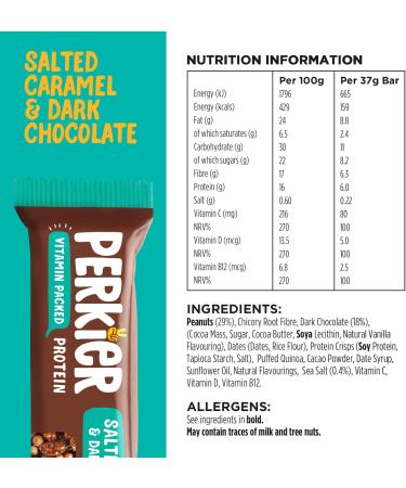 Perkier Salted Caramel & Dark Chocolate Snack Bars (30 Pack) - Vegan, Gluten Free, High Protein, High Fibre, Lower Sugar, Lower Calorie, No Palm Oil - 30 Count - Buy Online on GoSupps.com