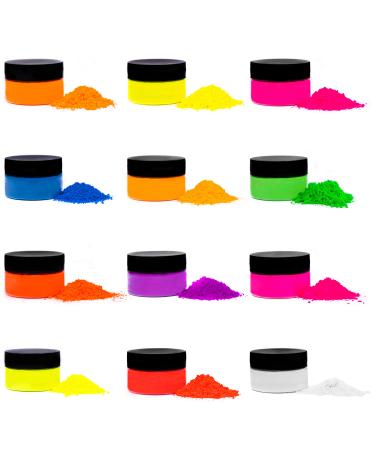 Rolio - Fluorescent Powder - 12 10g Jars of Pigment for Paint, Dye, Soap Making, Nail Polish, Epoxy Resin, Candle Making, Bath Bombs, Slime 10g (Pack of 12)