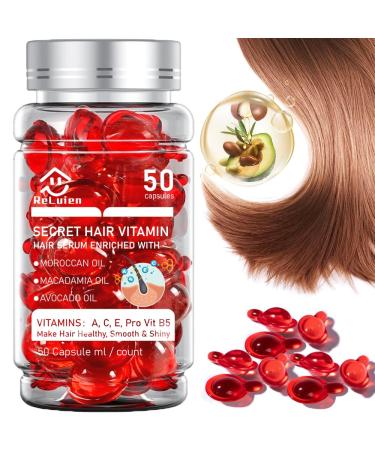 Hair Vitamin Serum Oil Capsules 50Pcs Hair Treatment Serum with Vitamins A C E Pro B5 Enriched with Moroccan Macadamia Avocado Oils No Rinse For Dry Damaged Hair Moisturizing Women & Men
