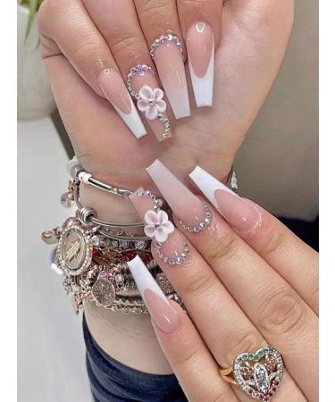 24pcs Pink Flowers Coffin Fake Nail Rhinestone 3D Flower Press on Nails Trendy Flowers Coffin Nails Luxurious Nails Acrylic Nails Fake Nails For Women Girls