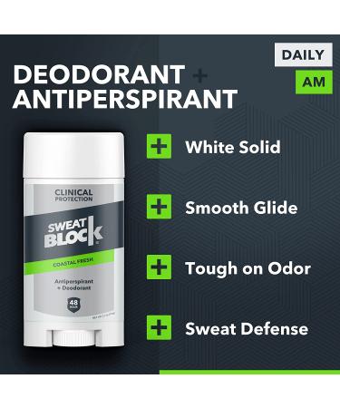 SweatBlock AM Deodorant Antiperspirant - Daily Protection for Men & Women | Coastal Fresh 2.7oz Stick (2 Pack) - Buy Online on GoSupps.com