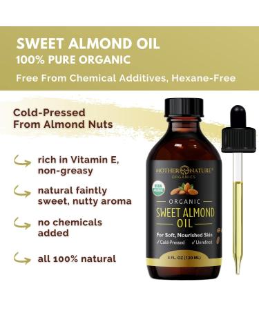 Mother Nature Organic Sweet Almond Oil - Extra Virgin & Cold-Pressed 4oz - Moisturizer for Body, Hair, Scars, Nails, Wrinkles & Dark Spots - Non-GMO & Cruelty-Free - Buy Online on GoSupps.com
