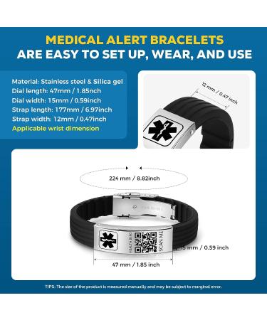 Theluckytag Waterproof Medical Bracelet with QR Code for Men and Women - Custom Emergency ID, Fits Wrists Up to 9 inches - Black+Silver - Butterfly Clasp - Buy Online on GoSupps.com