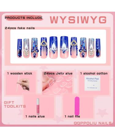 Royal Blue Press On Nails - Long Square Acrylic False Nails with Rhinestones | 24pcs | Perfect Mother's Day Gift - 240412 - Buy Online on GoSupps.com
