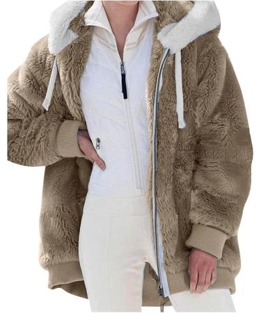 Hanxiulin Women's Fleece Plush Jacket - Warm Long-Sleeved Winter Coat - Casual Slim Fit in Khaki - Buy Online on GoSupps.com