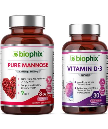 Pure Mannose Powder 2000 mg 3 oz - Free Vitamin D-3 5000 IU 30 Softgels - Supports Urinary Bladder Tract Health