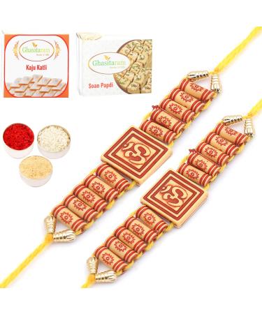 Ghasitaram Gifts Rakhi for Brother Rakhis Online- Substance of Om d0001 Rakhi 2 Rakhi with 200 GMS Kaju katli and Soan Papdi