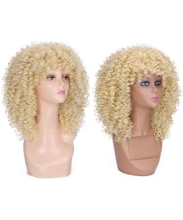 Lady Miranda Blonde Afro Kinky Curly Wig with Bangs | Medium Length Heat Resistant Synthetic Hair Wig for Women | Curly Blonde Wig 0-613 - Buy Online on GoSupps.com