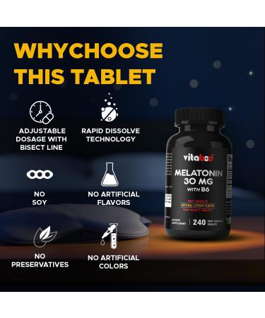 Melatonin 30 mg with Vitamin B6 240 Fast Dissolve Tablets High-Potency Sleep Support Drug-Free, Natural Citrus Flavor Vegetarian, Non-GMO, Gluten-Free 240 Count (Pack of 1) - Buy Online on GoSupps.com