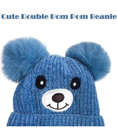 Cute Bear Kids Winter Hat with Ear Flaps | Chenille Knitted Warm Hat for Baby Girls Boys | Fleece Lined Earflap Cap | Toddler Cold Weather Beanie - Blue - Buy Online on GoSupps.com