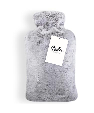 Rissler hot water bottle Premium with cuddly soft cover 2L - natural rubber bed bottle - fluffy heat bottle cover sweet ideal for winter & Christmas (essential gray)