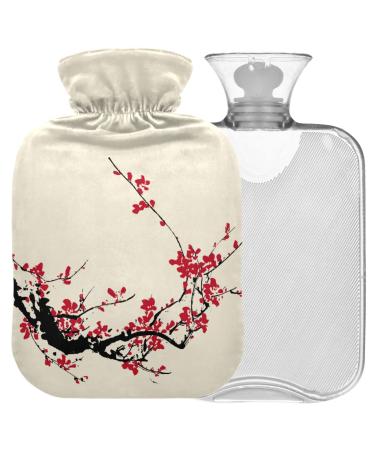 Naanle hot hot water bottle with the cover retro japanese cherry blossom Transparent hot water bottle heat bottle for back pain relief hand feet warmer neck heat and cold therapy 2l