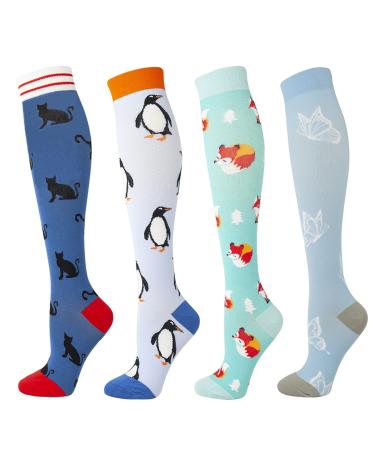 Compression Socks for Women & Men Medical Circulation 15-25 mmHg Best for Nurses Youth Nursing Running Travel(4 Pairs) Animal S-M
